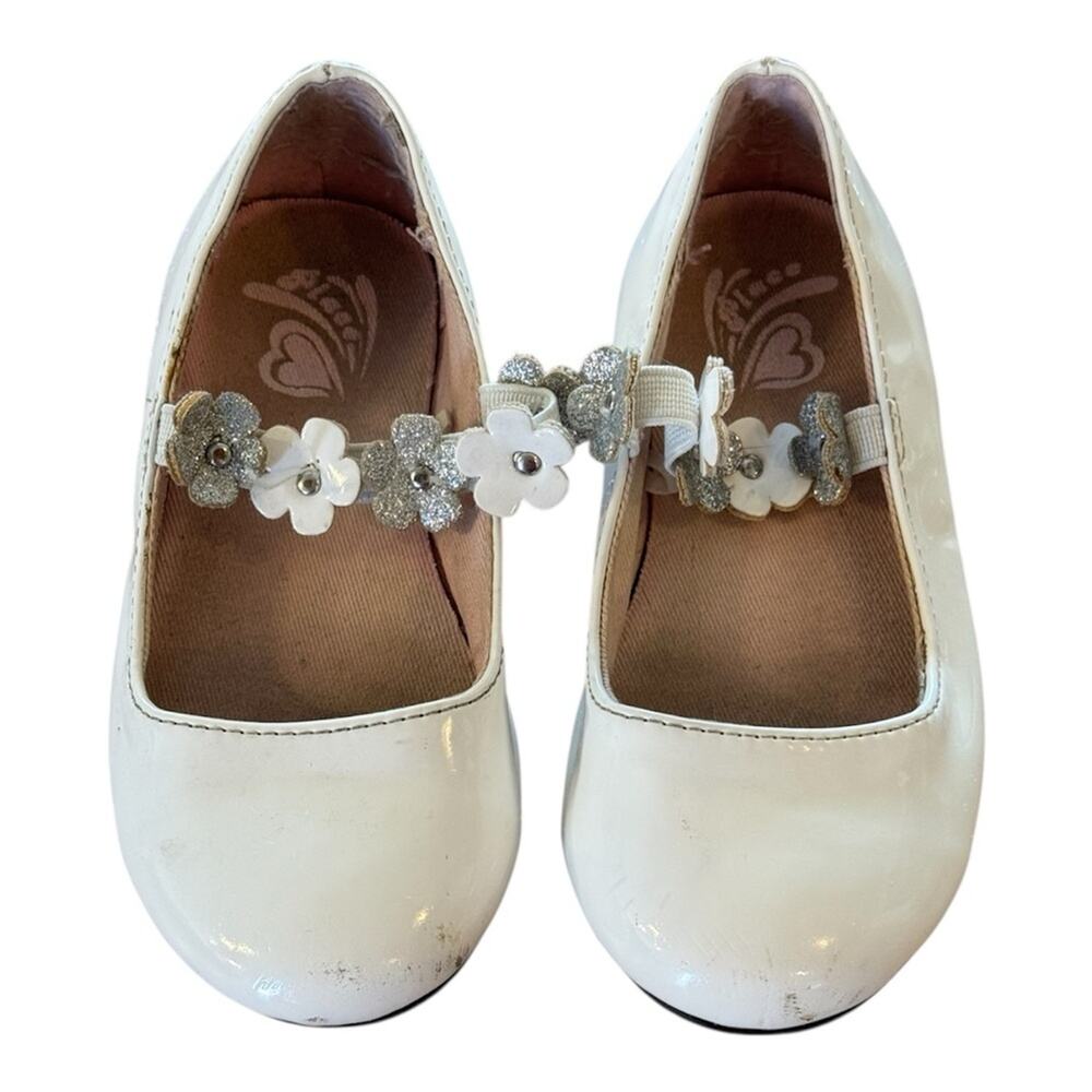 Adorable Fun White Patent Leather Mary Jane Flat Floral Shoes, Toddler Size 8